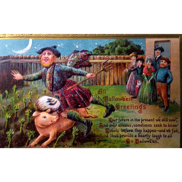 Halloween Postcard Pig Moon Man In Kilt Pitchfork Crops Gottschalk Germany 2171